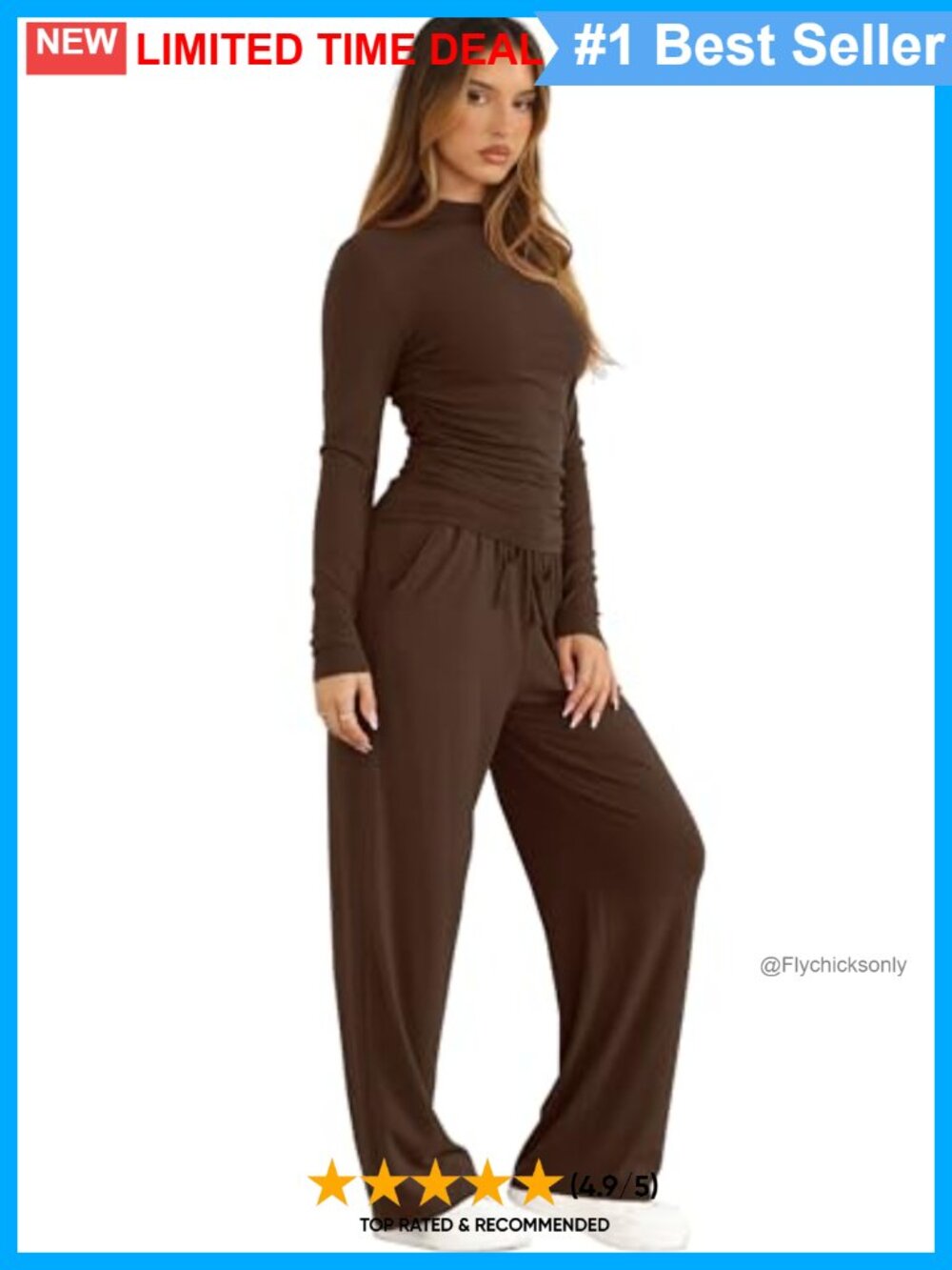Mock Neck Ruched Top & Wide Leg Lounge Set - Picture 2 of 6